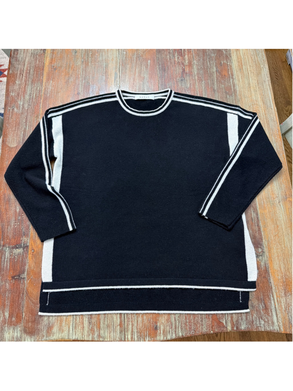 KOKUN 100% Cashmere Oversized Sweater Black White Contrast Stripe Trim Tunic M